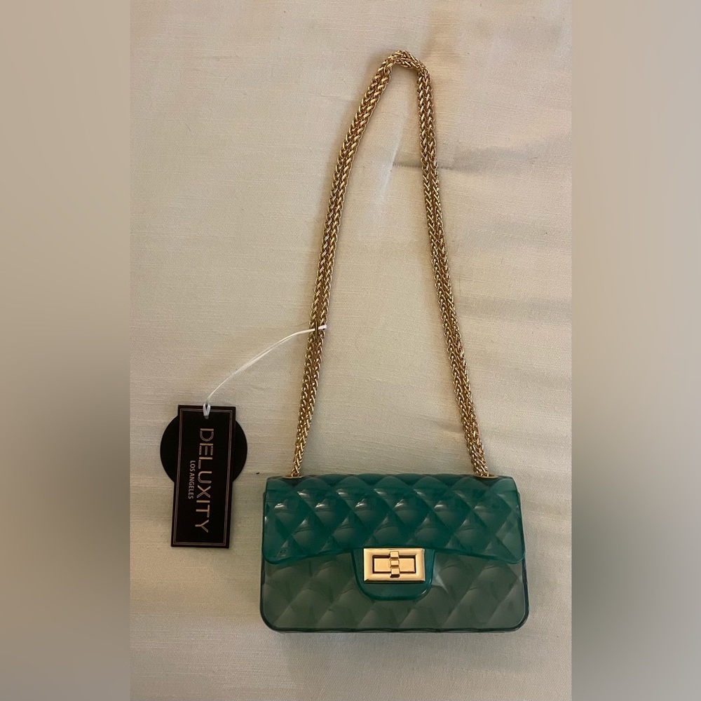 Deluxity Los Angeles Jelly Gold Chain Tufted Purse, Green/Blue, NWT - Picture 3 of 5